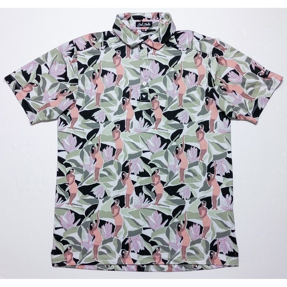 BAD BIRDIE Short Sleeve Polo Shirt Hawaiian Native Hula Girls Green Small S - Picture 10 of 10